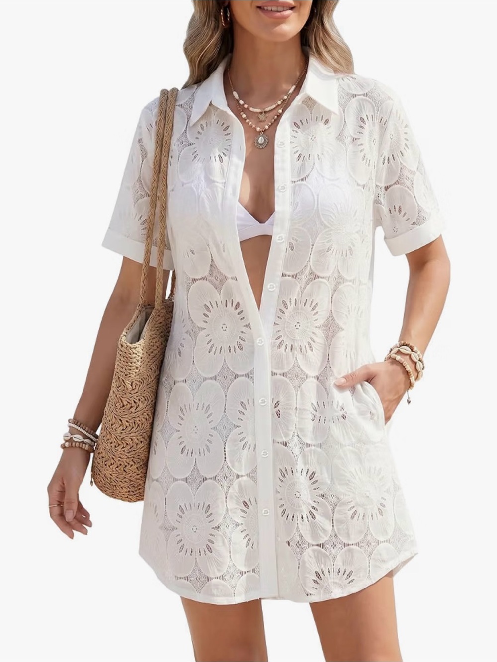 MANGOPOP SWIM COVER-UP SHIRT | Women’s White Floral Lace Button-Down